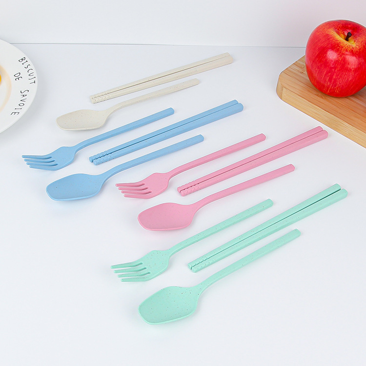 Creative wheat straw tableware set, three-piece outdoor portable tableware, three-piece set of forks, spoons and chopsticks, wholesale from the manufacturer details Picture