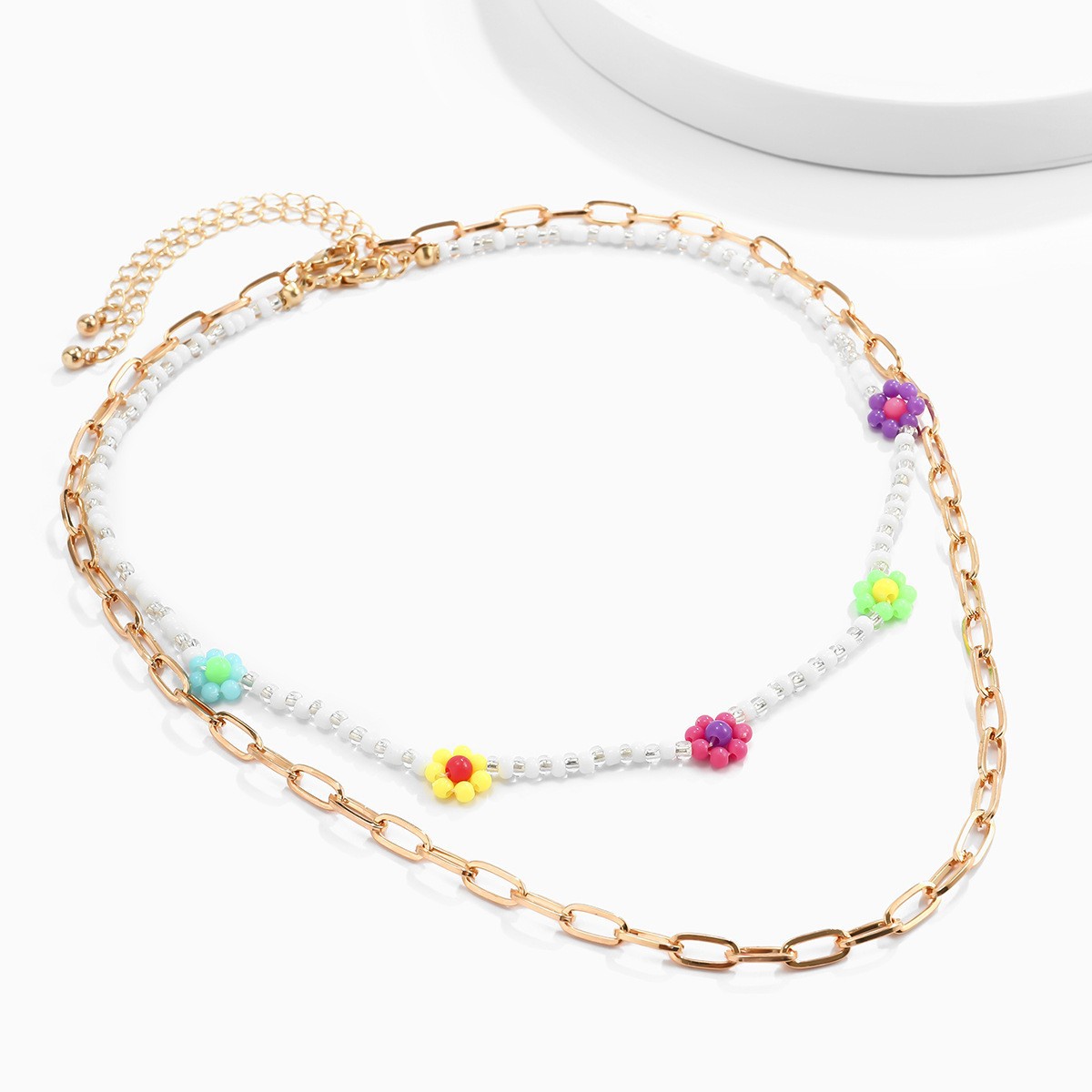 Ethnic style double-layer Daimi bead collarbone woven chain, European and American cross-border versatile small Daisy flower beaded necklace for women Specification drawing