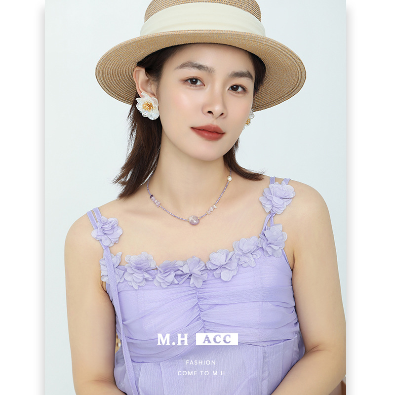 Amethyst zircon beaded necklace for women, a new fashion, niche and versatile collarbone necklace with a vacation and travel style in 2025 full figure