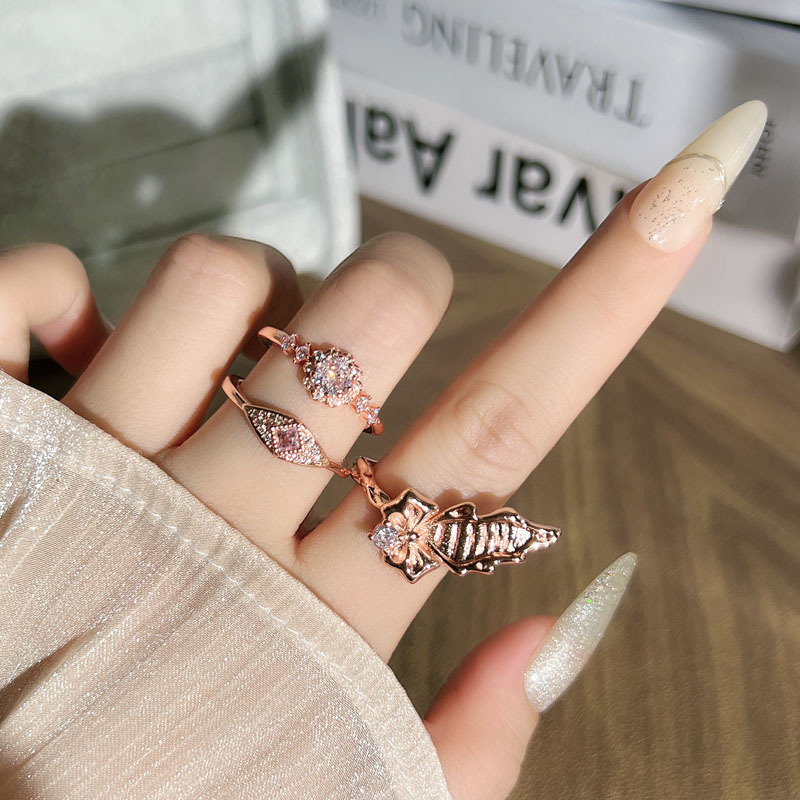 ins European and American cold style light luxury rose gold micro-set Baroque ring for women, layered texture fashionable index finger ring full figure