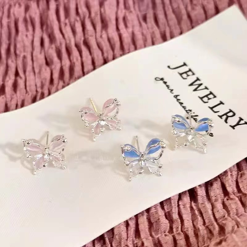 I want to fall in love! Pink zircon butterfly stud earrings with a light luxury and high-end design for women, a new type of earrings in 2025 details Picture