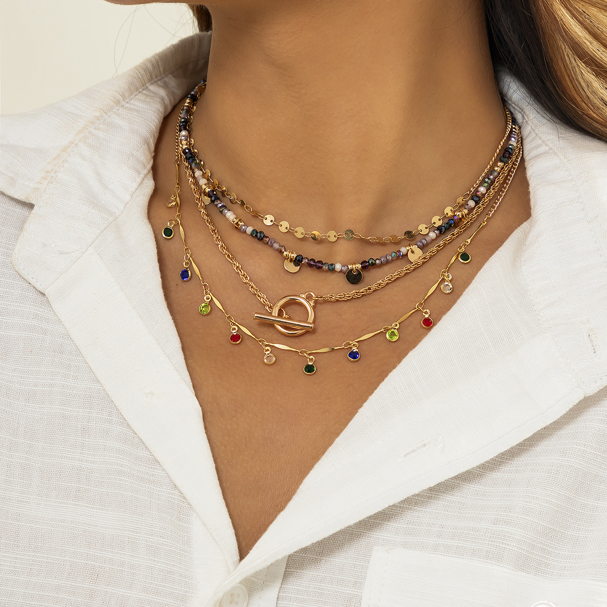European and American cross-border jewelry, retro colorful rhinestone tassels, versatile necklaces, stacked with niche crystal beads and sequins necklaces full figure