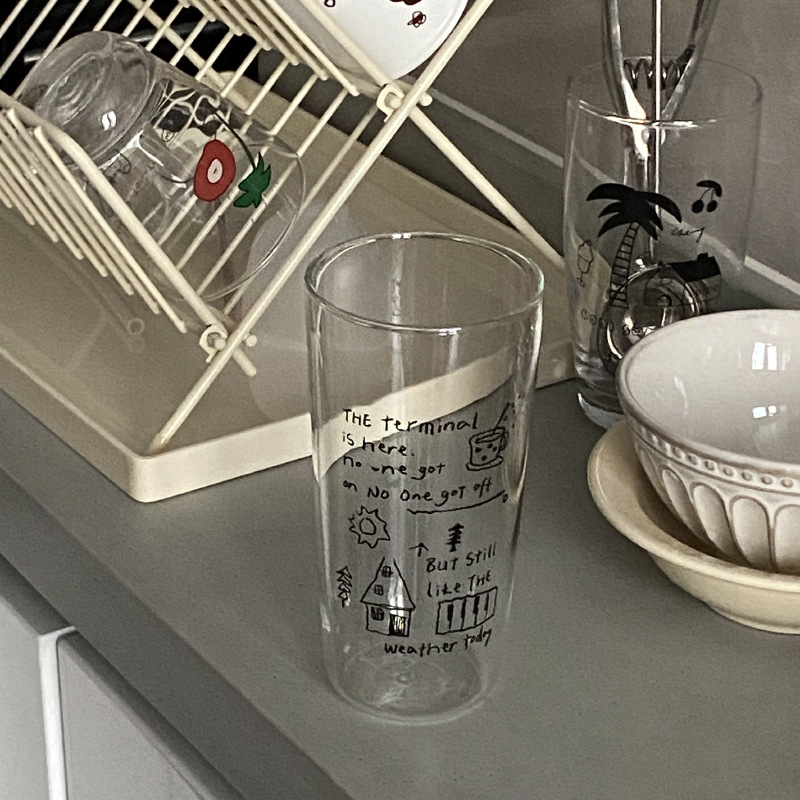 Self-made ins simple line graffiti high borosilicate glass cup, high-temperature resistant and clear coffee cup, large-capacity water cup Specification drawing