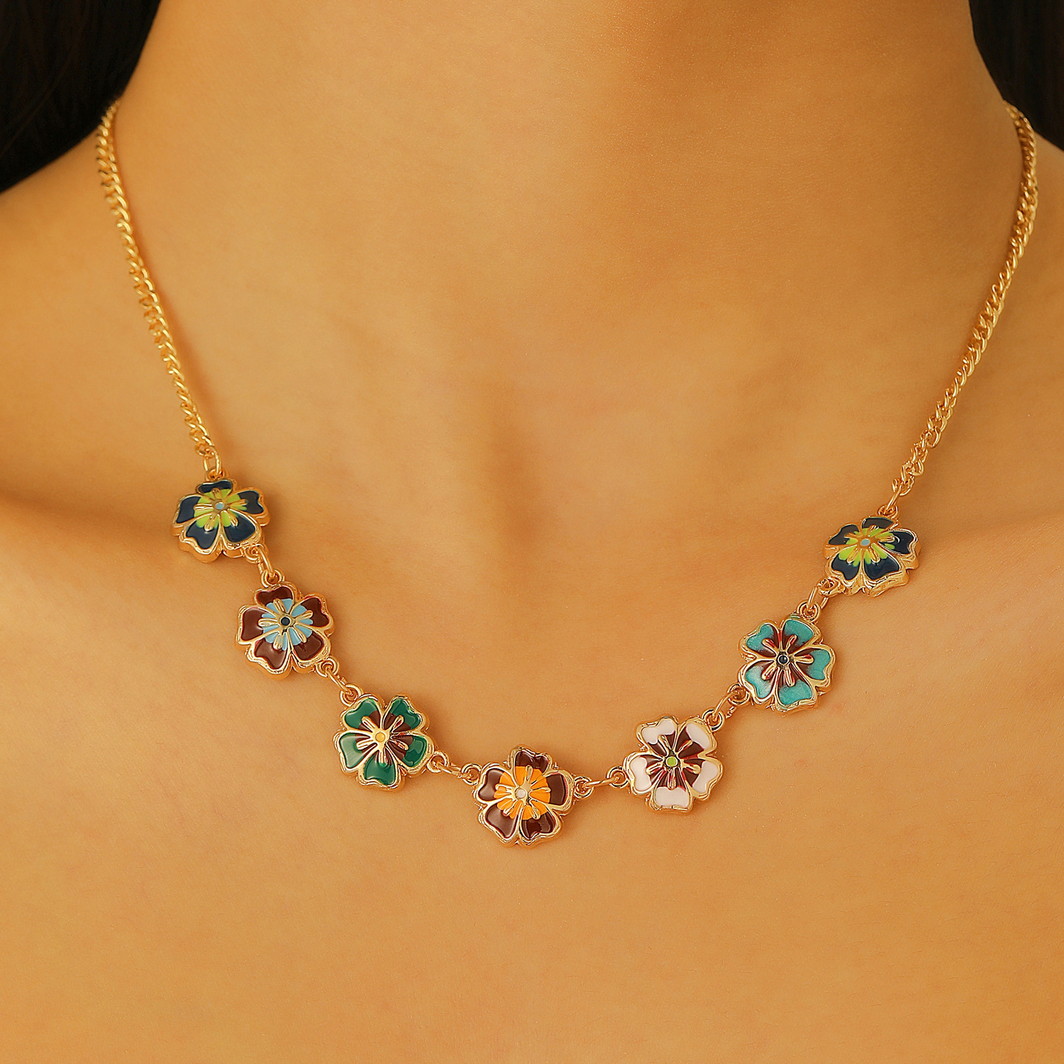 Cross-border retro alloy colorful oil-dripping flower bracelet necklace set jewelry, women's light luxury high-end niche accessories full figure