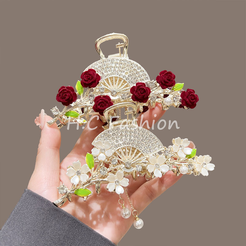Rose tassel clip women's 2024 new high-end ancient-style hair clip at the back of the head shark clip headwear full figure