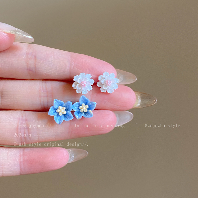 Prussian blue Camellia flower stud earrings for women's 2024 new style, versatile and fresh earrings, best-selling earrings wholesale details Picture