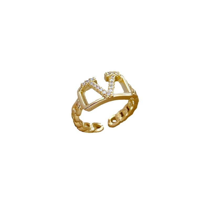 【 Real Gold 】 V-shaped chain full diamond ring with adjustable opening, simple Japanese-style bracelet, couple rings Item Picture
