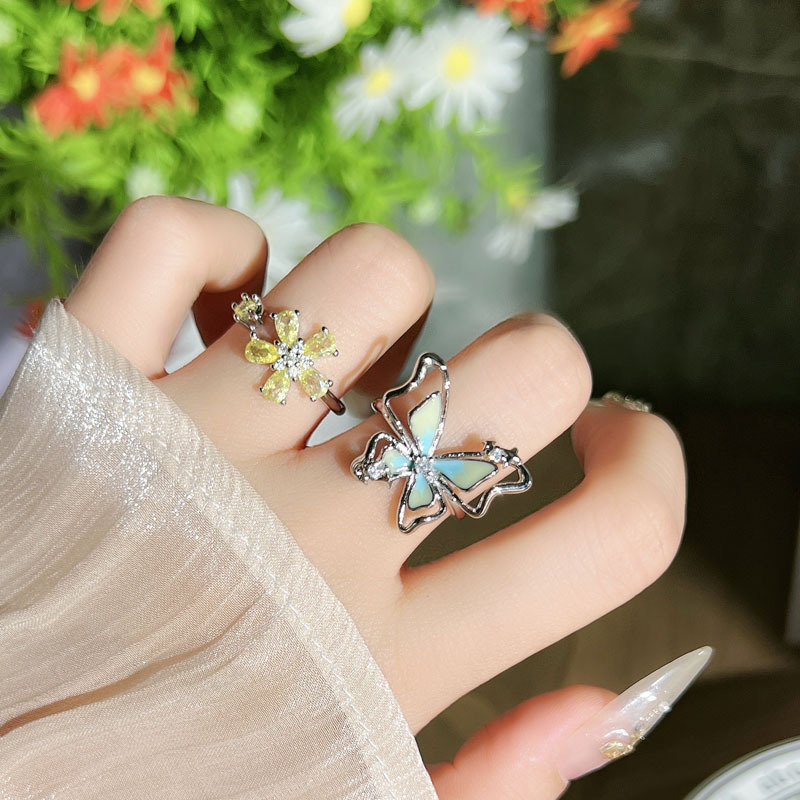 High-appearation-level three-dimensional hollowed-out butterfly dopamine enamel ring, sweet yellow diamond flower light luxury exquisite index finger ring for women details Picture