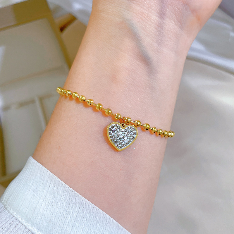 【 All-titanium Steel 】 Full diamond heart-shaped round beads, elegant and lucky minimalist chain bracelet, female Internet celebrity, retro best friend Specification drawing