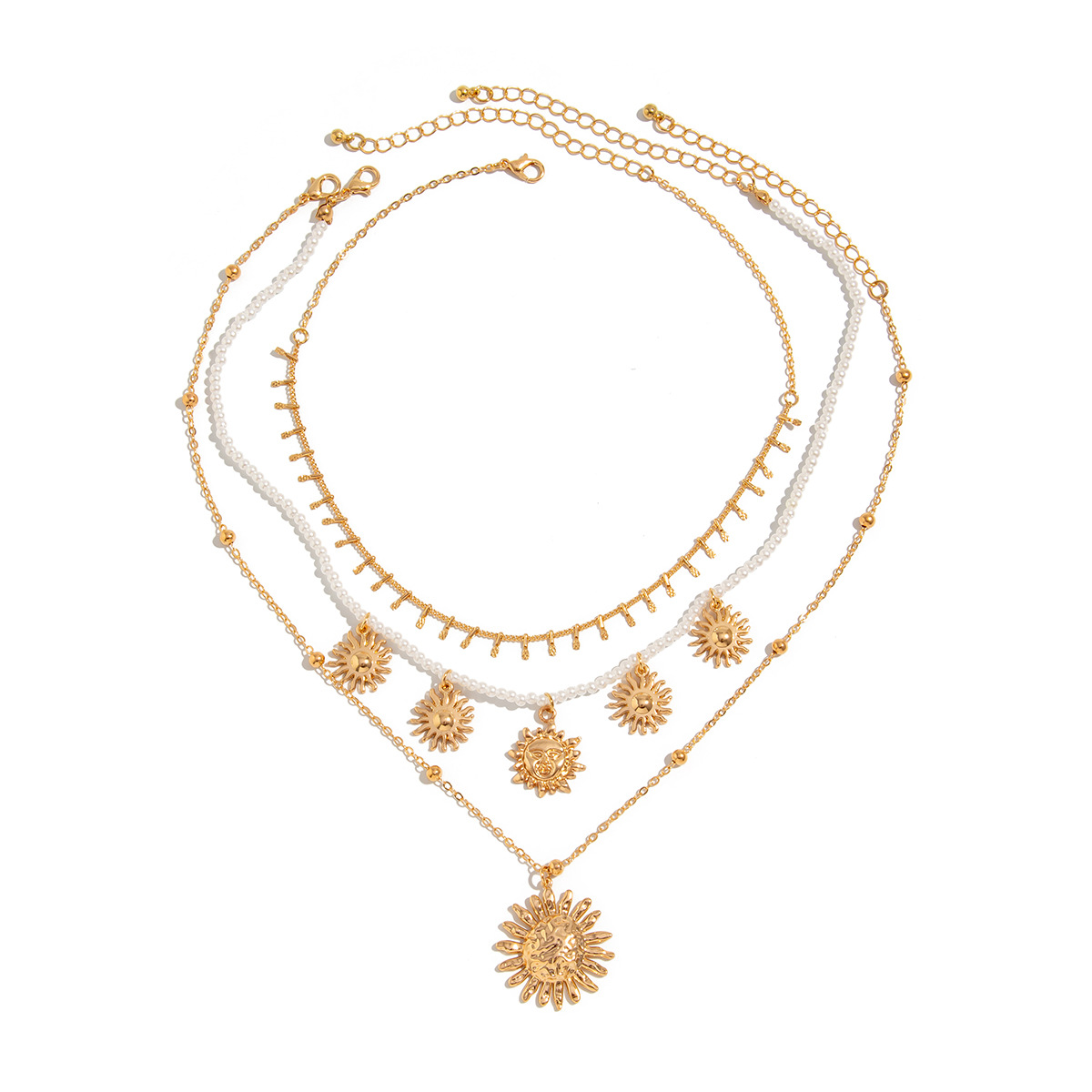 European and American cross-border jewelry, vacation beach, sunflower pendant, collarbone chain, pearl string, multi-layer copper bead chain necklace Item Picture