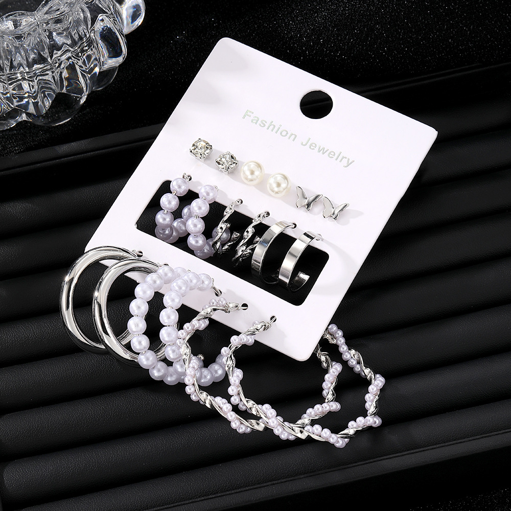 Cross-border source fashion commuting butterfly pearl stud earrings High-end metal earrings 9-pair earring set combination Application Scenario