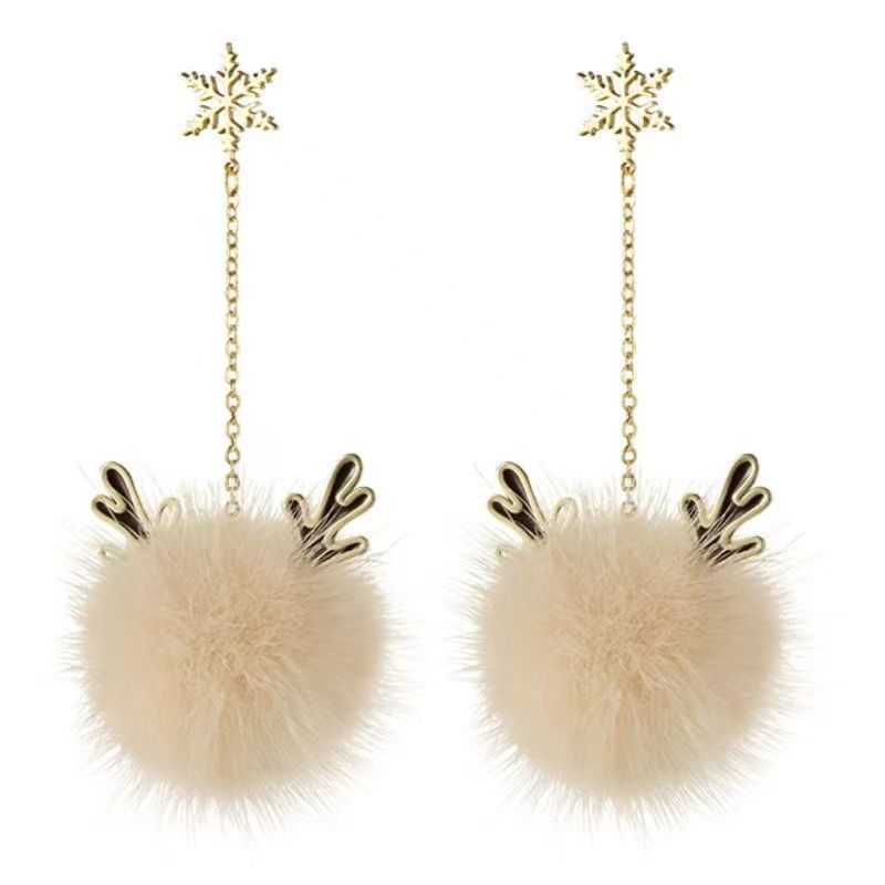 Elegant antler fur ball stud earrings for women's autumn and winter, a niche design with a high-end feel, a new bestseller in 2025 Item Picture