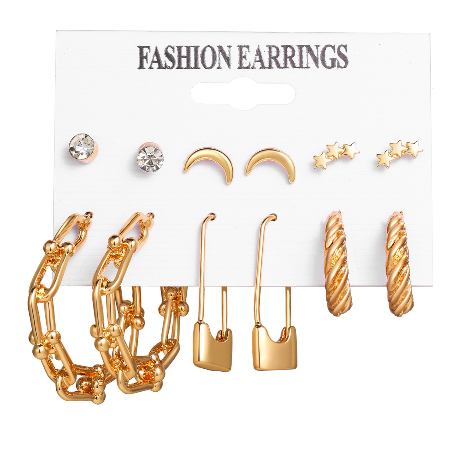 A 6-piece set of metal circle chain stud earrings, creative and personalized cross-border heart-shaped pins, butterfly stud earrings Item Picture