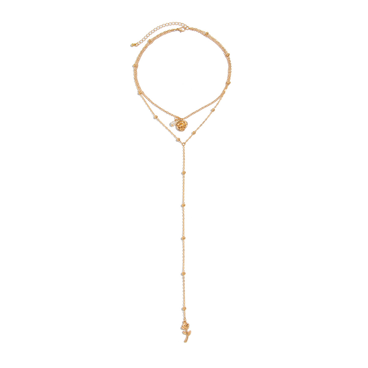 European and American cross-border jewelry, fashionable rose alloy pendant, special necklace, high-end pearl Y-shaped collarbone chain Item Picture