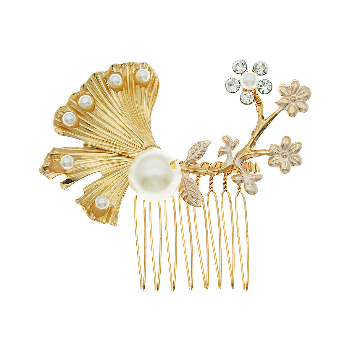 New Chinese-style bride's headwear, golden alloy insert comb, Xiuhe dress, retro forest-themed beautiful hair accessory, pearl coil, hair comb Item Picture