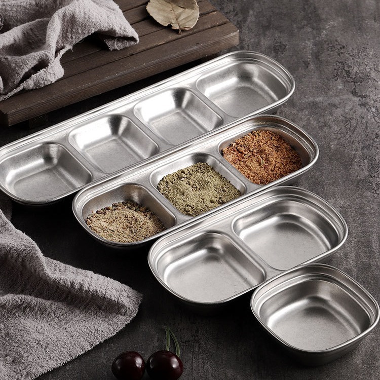 Retro aged 304 stainless steel flavor dish, commercial seasoning dish, two or three compartments Korean dipping sauce dish, barbecue restaurant tableware Item Picture