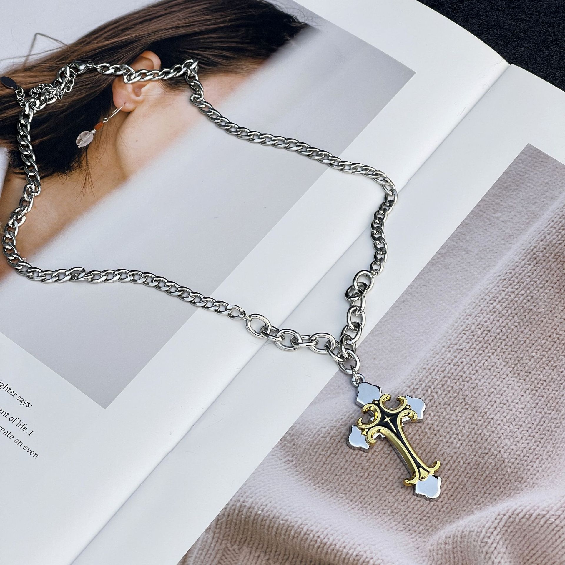 New European and American colorful multi-layer cross stainless steel necklace, street style hip-hop alloy pendant sweater chain Application Scenario