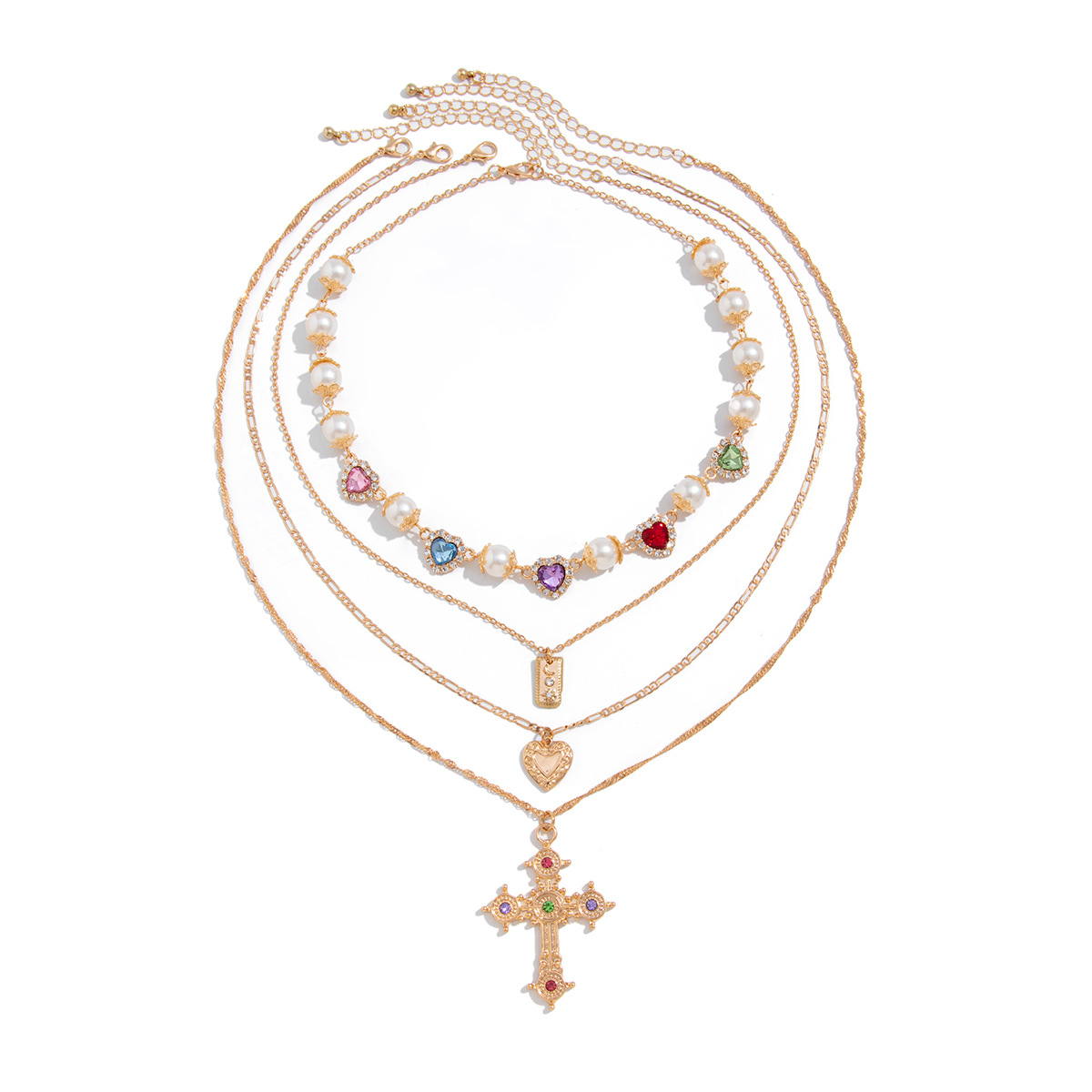 European and American cross-border jewelry, sweet and cool style cross alloy pendant collarbone chain, diamond-encrusted pearl beaded tassel necklace Item Picture