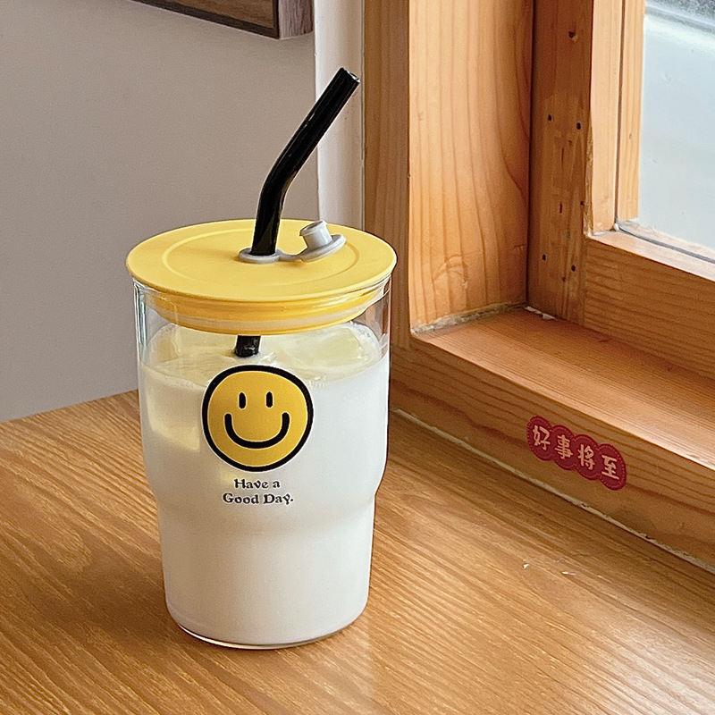 Bolimei Korean InS-style smiling glass straw cup, girlish water cup, student drinking cup, glass cup full figure