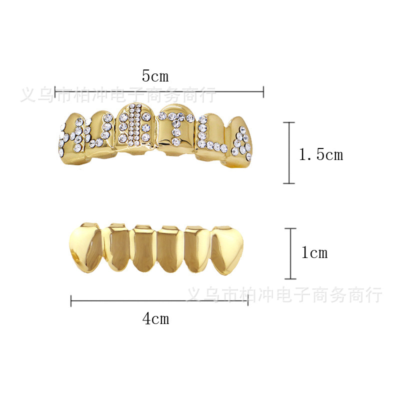 New type of diamond-inlaid gold teeth with English letter shape HUITLA hip-hop braces for foreign trade are supplied by the manufacturer Specification drawing