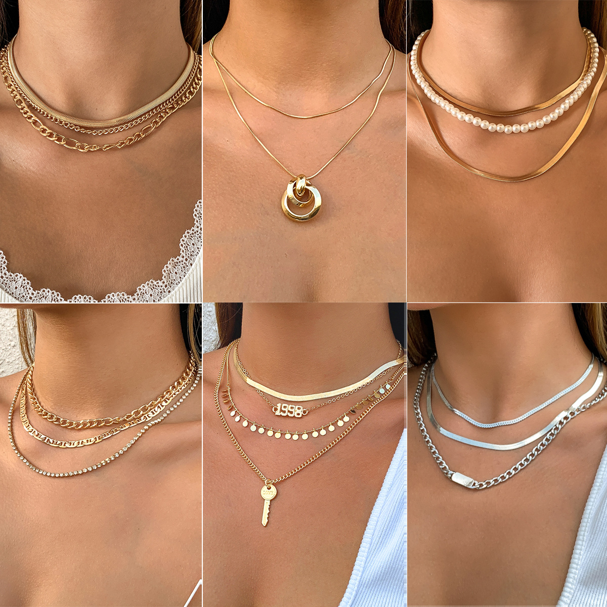 European and American cross-border jewelry geometric circle, niche design sense, metal thick necklace, simple and versatile pearl collarbone necklace full figure