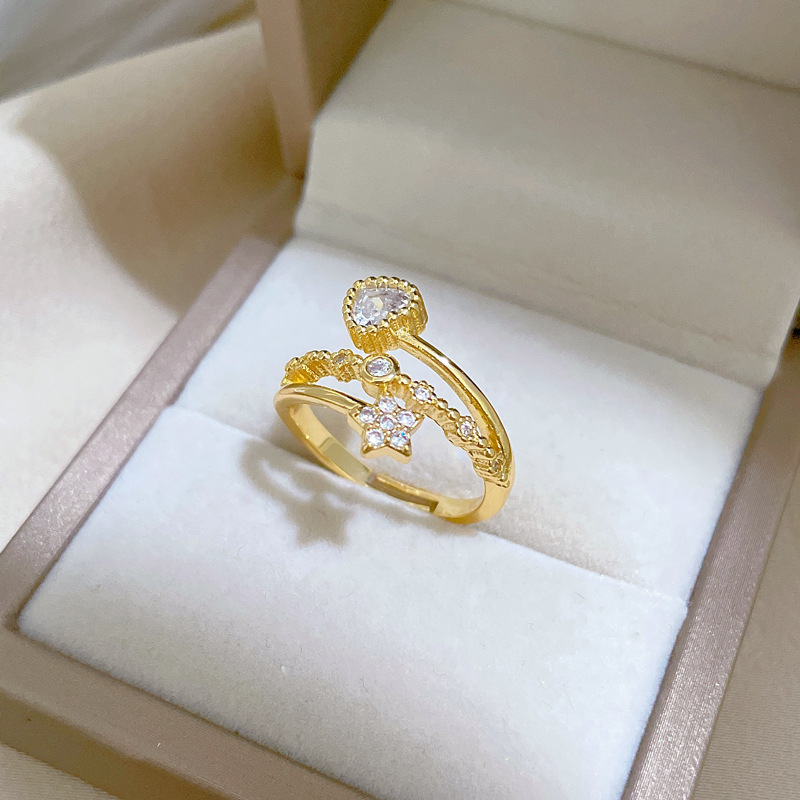 【 Real Gold 】 Heart-shaped star-studded ring with adjustable opening, simple Japanese-style bracelet, couple rings Specification drawing