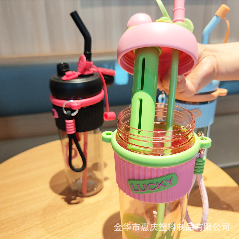 Cross-border e-commerce double-drinking straw tea strout, plastic water cup, portable handle, student female car office, creative water bottle Specification drawing