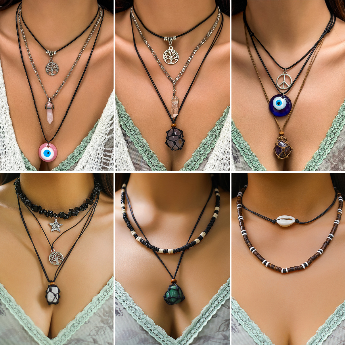 European and American cross-border Turkish devil blue eye retro beaded necklace stone necklace wax thread pull-out necklace full figure