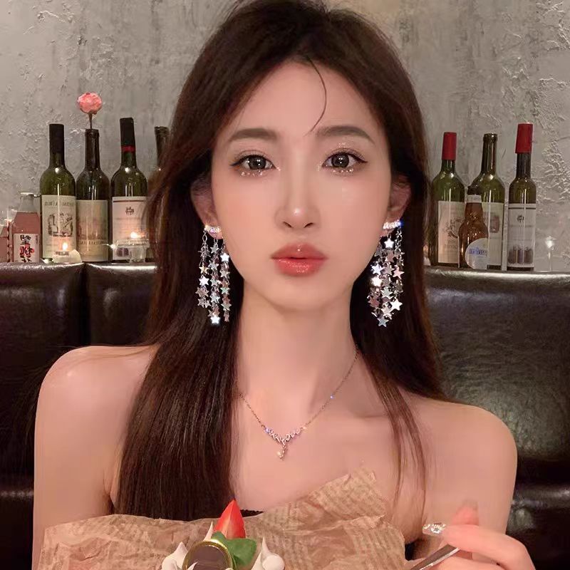 The 2025 new trendy sequined five-pointed star earrings for women, long tassels, elegant and light luxury, super fairy-like, internet-famous stud earrings Application Scenario