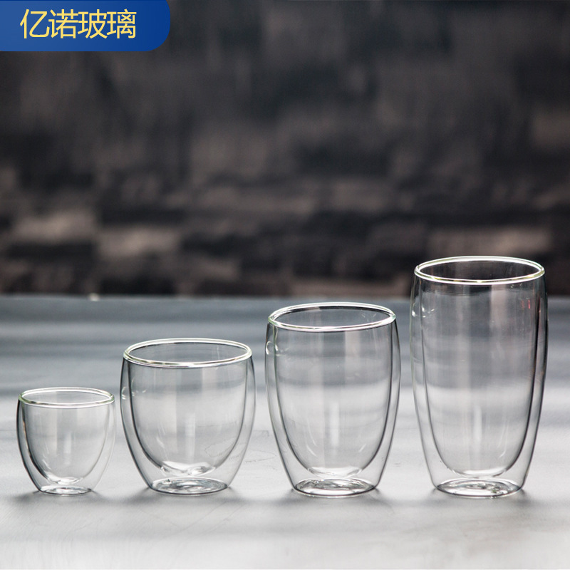 Wholesale high borosilicate glass water cups, high-temperature resistant cross-border transparent heat-insulating milk coffee beverage cups, double-layer glass cups full figure