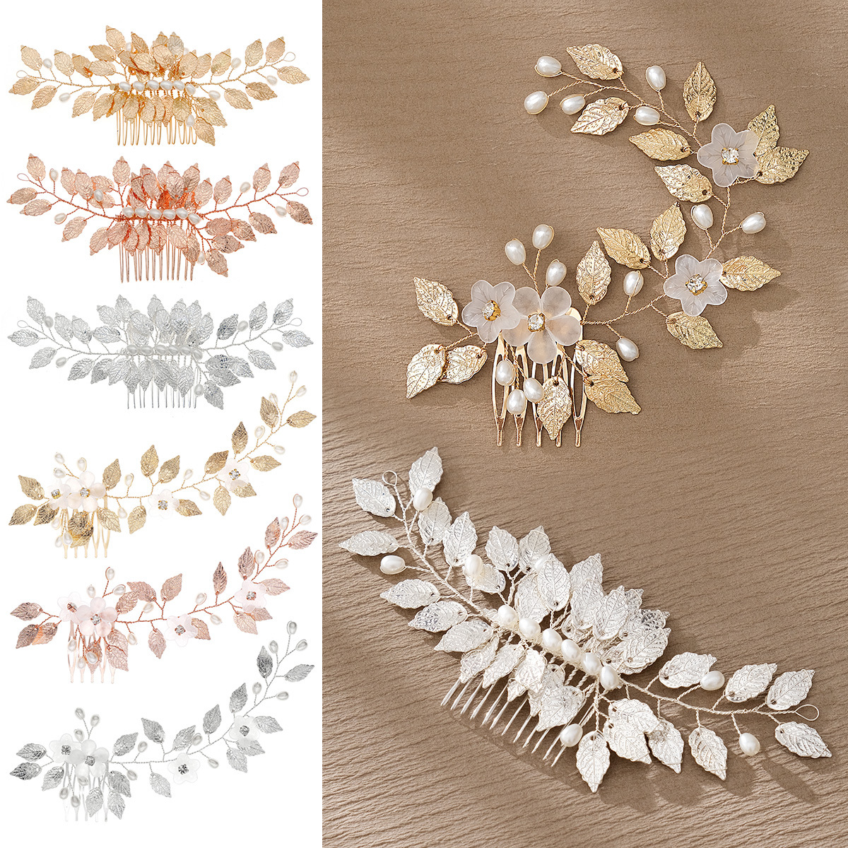 New Chinese-style bride's retro hair accessory, forest-themed leaf handcrafted hair bun comb, Xiuhe dress, cheongsam, versatile pearl hair comb full figure