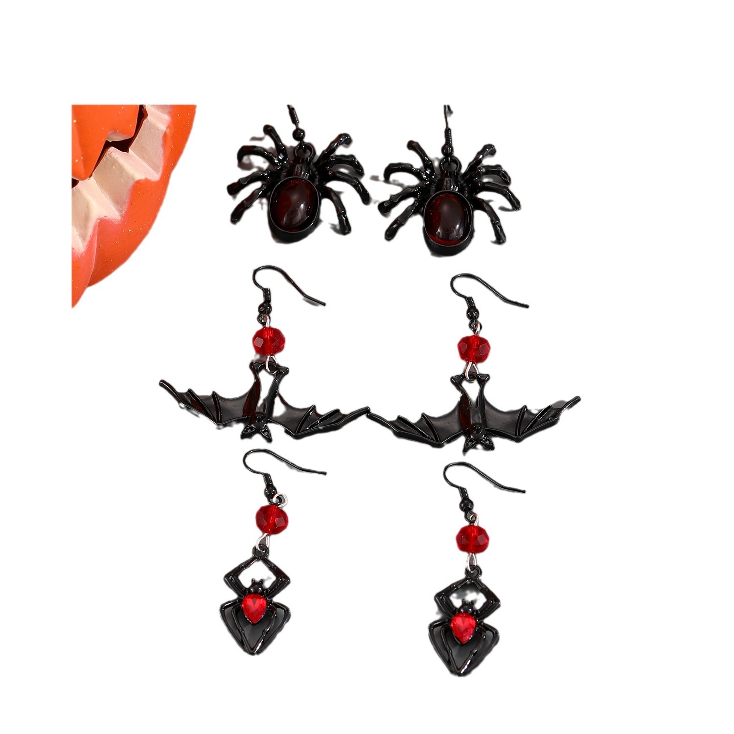European and American cross-border retro, unique and funny earrings, female spider, bat, spider web, skull earrings, Halloween earrings Item Picture