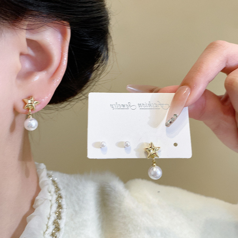 European and American metallic five-pointed star pearl stud earrings, a set of elegant and high-end earrings, simple and versatile earrings wholesale details Picture