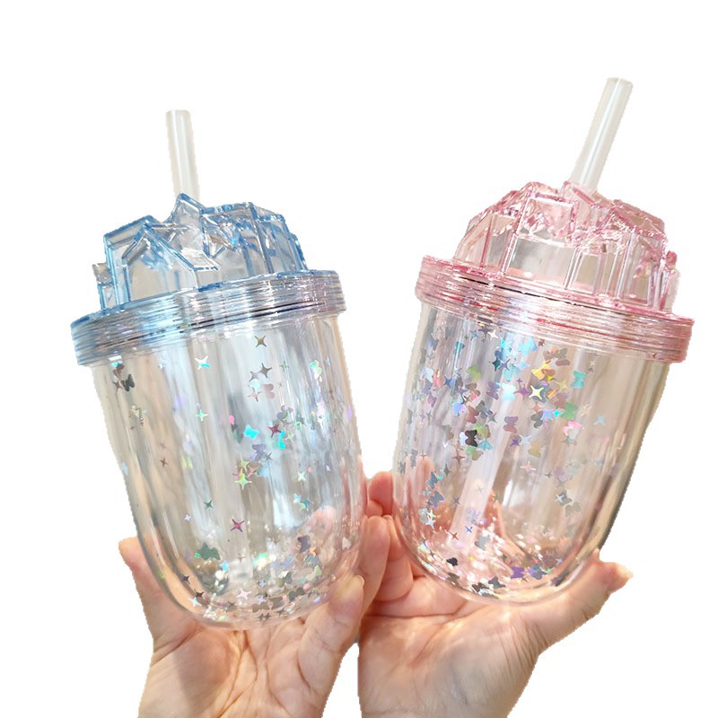 New summer minimalist double-layer glitter straw cup, cross-border Amazon plastic portable milk tea cup AS cold water cup Item Picture