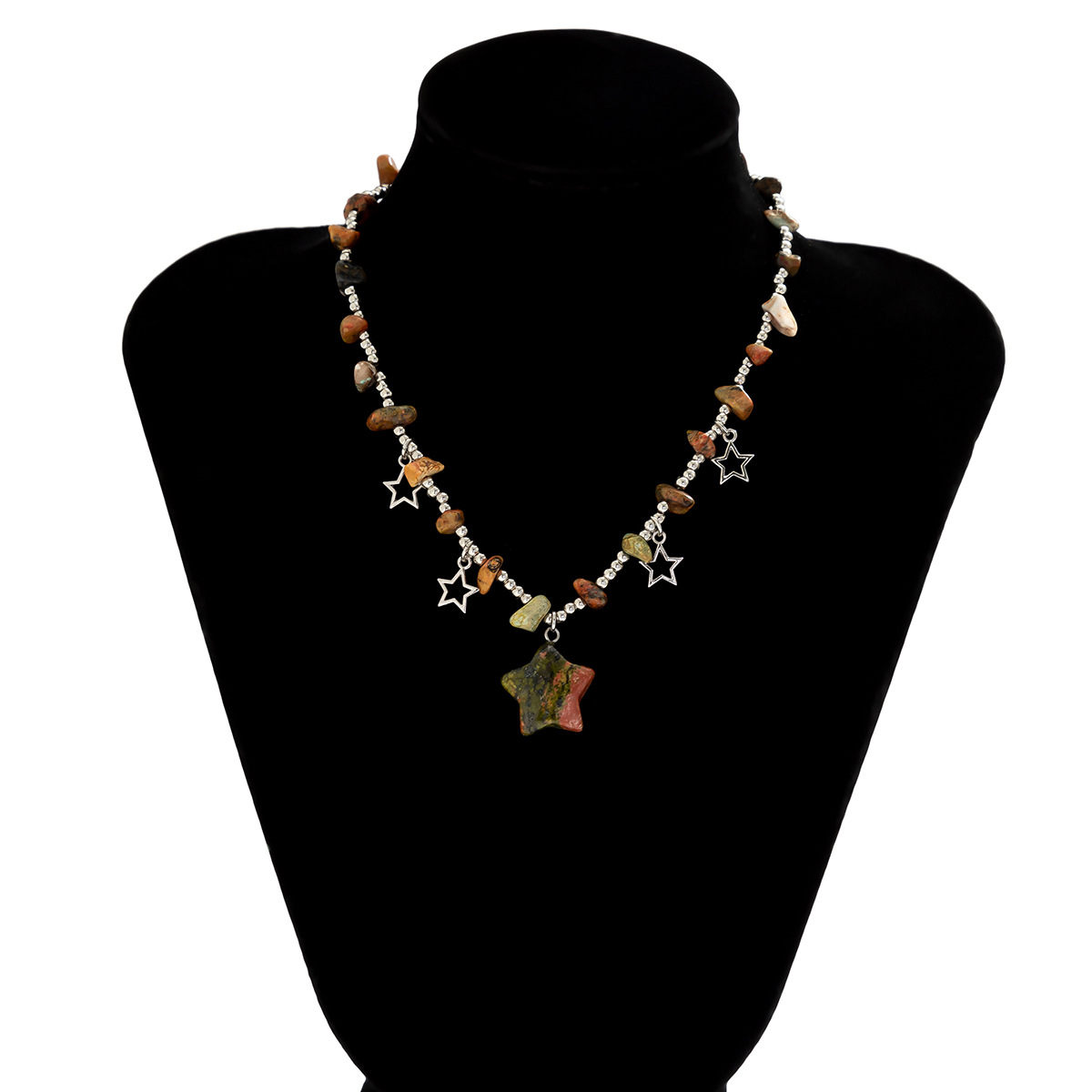 European and American cross-border jewelry, colorful irregular crushed stone beaded collarbone chain, country-style versatile short star necklace Item Picture
