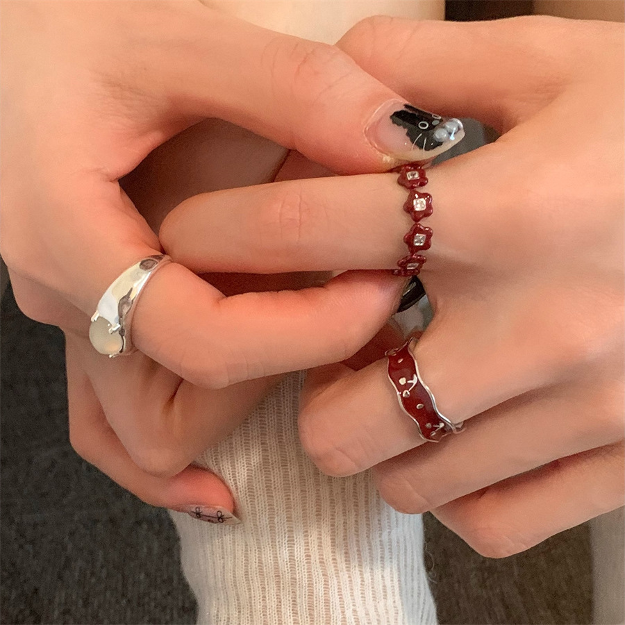 Red glazed flower cherry ring for women, retro, whitening, high-end, light luxury, versatile, niche design, open ring details Picture