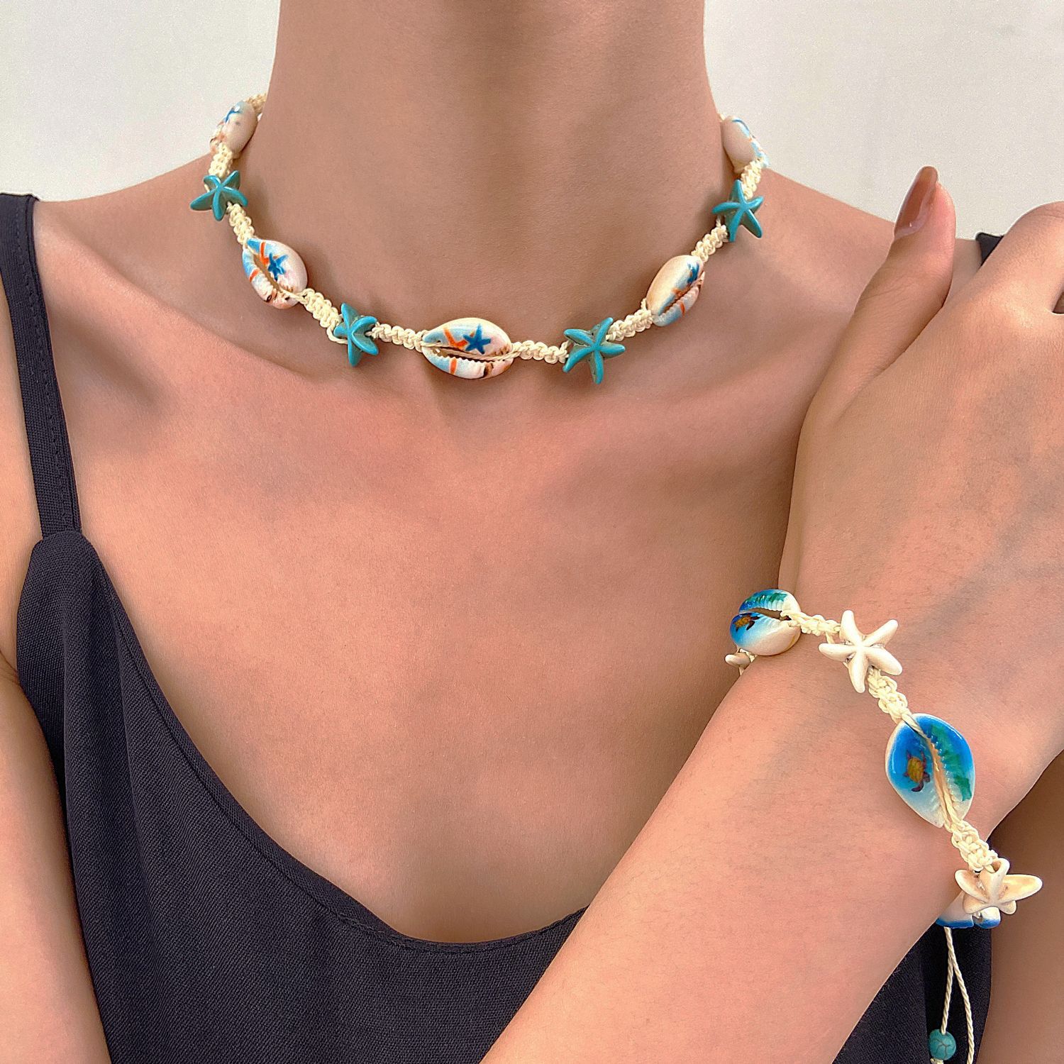 Summer ocean-style cartoon shell jewelry set for women, Bohemian creative woven turtle and starfish necklace bracelet full figure