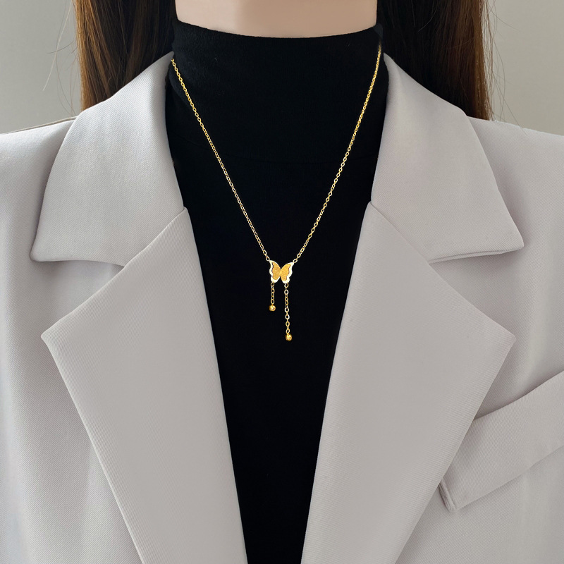 【 All-titanium Steel 】 Butterfly tassel minimalist style furnace, real gold necklace, female Instagram influencer collarbone chain accessory details Picture