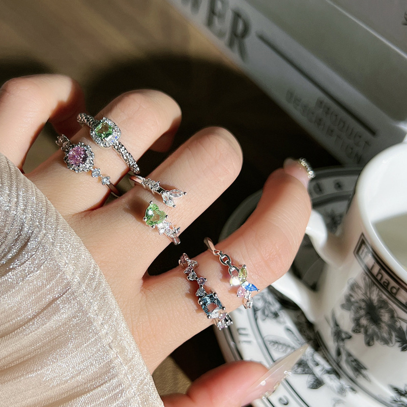 Light luxury Korean-style small cube sugar open ring, women's colored diamond butterfly heart zircon, niche cold style fashionable index finger ring Application Scenario