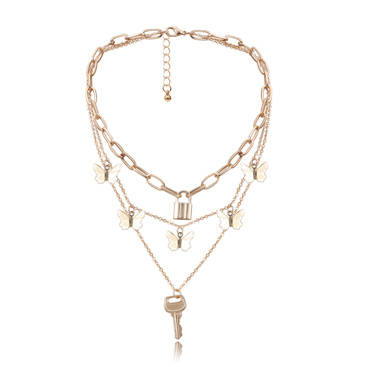 Fashionable butterfly multi-layer necklace, European and American cross-border creative lock-shaped alloy jewelry, simple key necklace Specification drawing