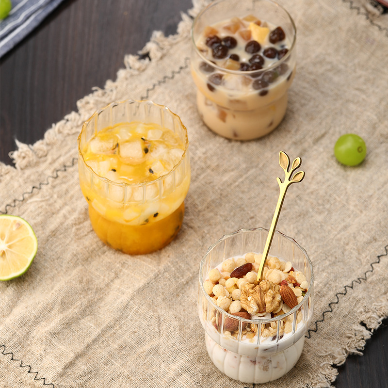 Cute striped chubby cup, creative high borosilicate glass water cup, home oat milk breakfast cup, dessert yogurt cup Specification drawing