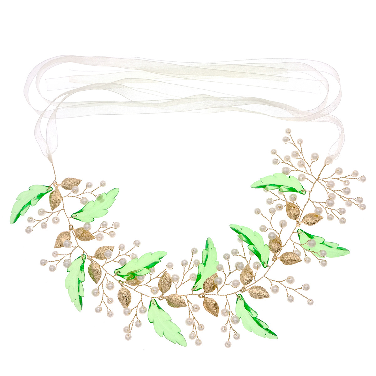 European and American bride's beach-style hair accessories, forest-themed fresh acrylic leaf headband, cheongsam Hanfu brwoven hair, pearl hair band Item Picture