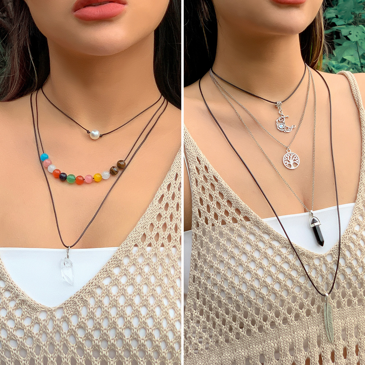 European and American cross-border jewelry, ethnic style colorful beaded long sweater chain, niche imitation crystal stacked star and moon necklace full figure