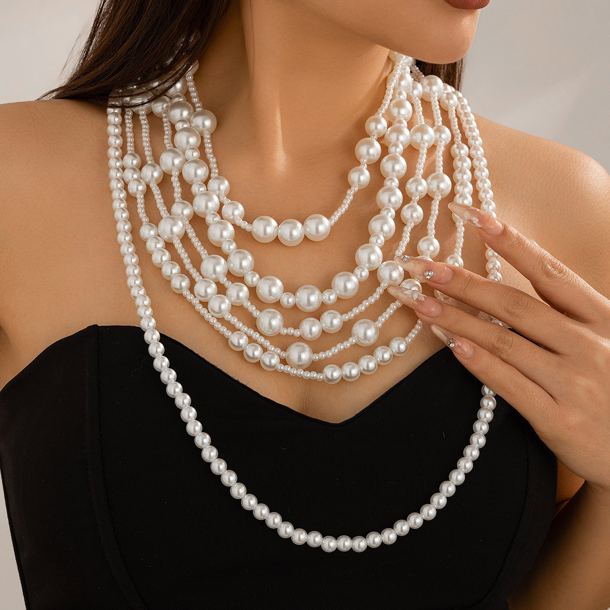 European and American exaggerated multi-layered imitation pearl necklace dress fashionable bride chanel-style beaded necklace set full figure