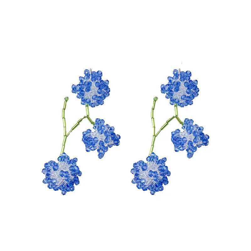 LAN Hua Flawless ~ Blue beaded flower earrings, women's seaside vacation style earrings, high-end look, long tassel stud earrings Item Picture