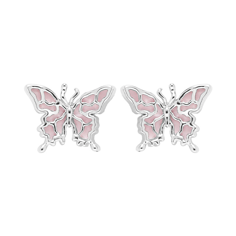 High-end pink butterfly earrings, a niche Korean version 925 autumn/winter stud wholesale, sweet and cool ins fashionable and elegant earrings Item Picture