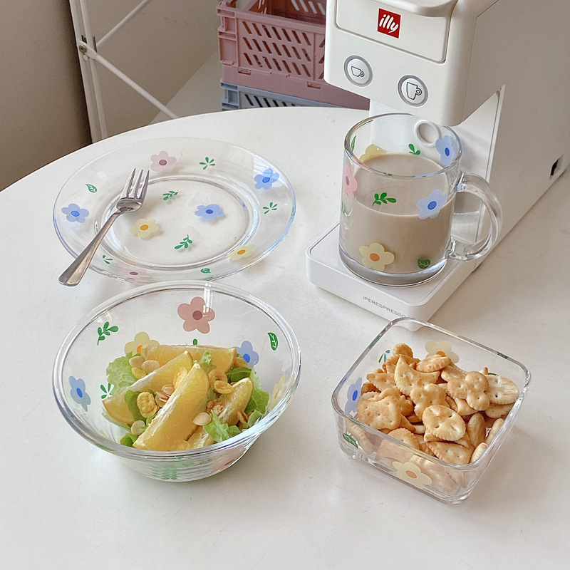 Boli Mei Japanese and Korean Hyuna Small Flower Tableware Set, Glass cups, Glass bowls, Glass plates, ins style, girlish heart full figure