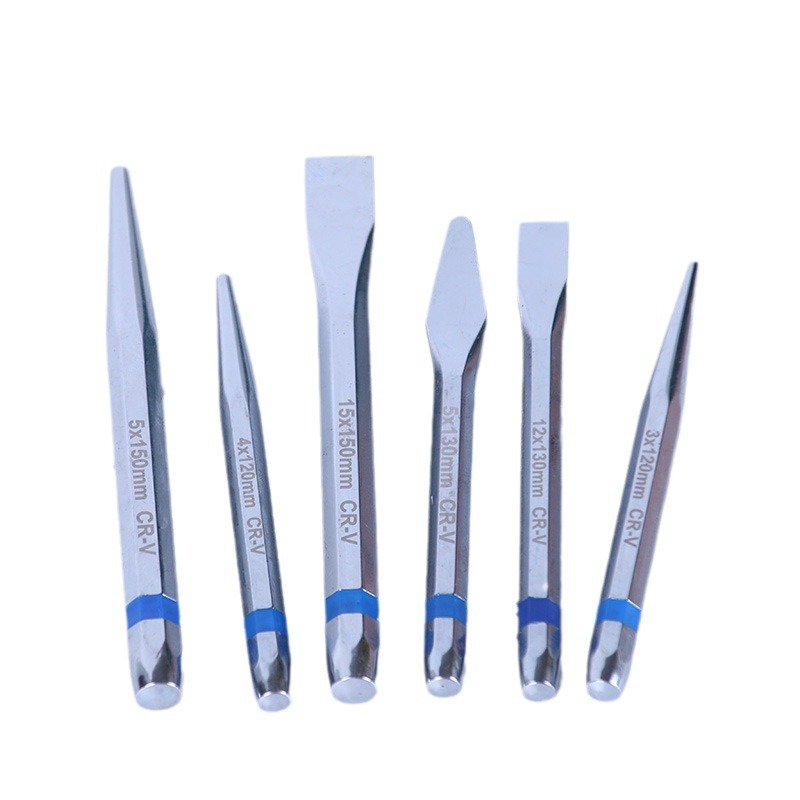 The manufacturer supplies six-piece sets of pins, flat punching chisel sets, pin punching conical punching chisel heads, flat punching pointed heads, chromium-vanadium steel mirror surfaces Item Picture