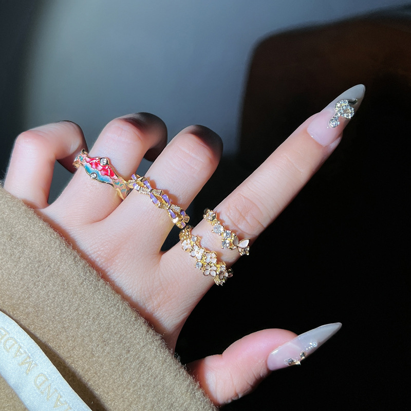 New Chinese-style retro flower enamel exquisite and dreamy purple bow open ring, simple and versatile fashionable ring for women details Picture