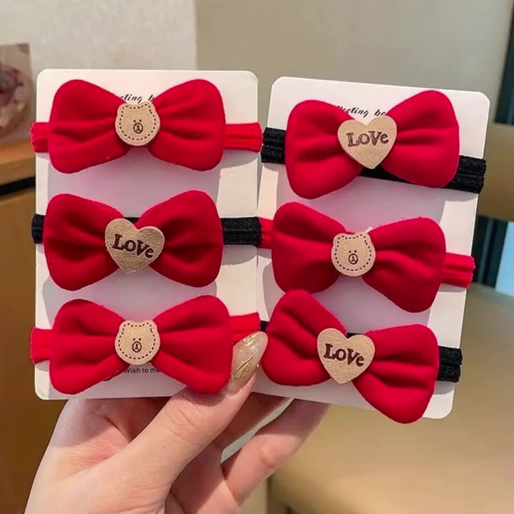 Red bow tie hair band for the New Year, New Year headwear, high-elasticity rubber band ponytail hair tie, children's festive hair accessories full figure